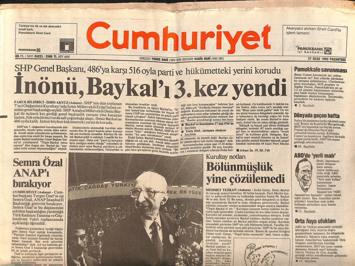 Cumhuriyet Gazetesi 27 Ocak 1992 - Penthouse Türkiye'de - İnönü , Baykal'ı 3.Kez Yendi GZ157203 - 1
