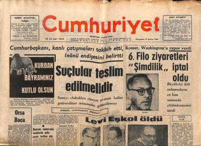 Cumhuriyet Gazetesi 27 Şubat 1969 - Levi Eşkol Öldü - Sahte 500 Lira Basan Bir Şebeke Yakalandı GZ96920 - 1