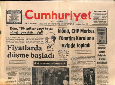 Cumhuriyet Gazetesi 27 Şubat 1972 - İnönü , CHP Merkez Yönetim Kurulunu Evinde Topladı GZ87474 - 1