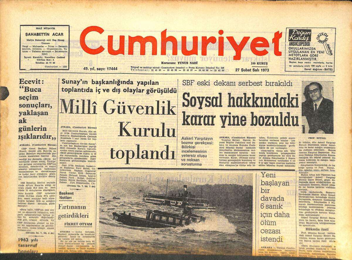 Cumhuriyet Gazetesi 27 Şubat 1973 - Soysal Hakkındaki Karar Yine Bozuldu - İş Ve İşçi Sorunları Gündemde - Türkiye'de Spor Politikası Yok! GZ142640 - 1