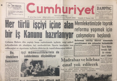 Cumhuriyet Gazetesi 27 Temmuz 1960 - Her Türlü İşçiyi İçine Alan Bir İş Kanunu Hazırlanıyor - GZ12559 - 2