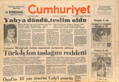 Cumhuriyet Gazetesi 27 Temmuz 1984 - Türk-İş Fon Taslağını Reddetti - Pasokçular Ve Komünistler Karşılıklı Tavizden Yana GZ126649 - 1