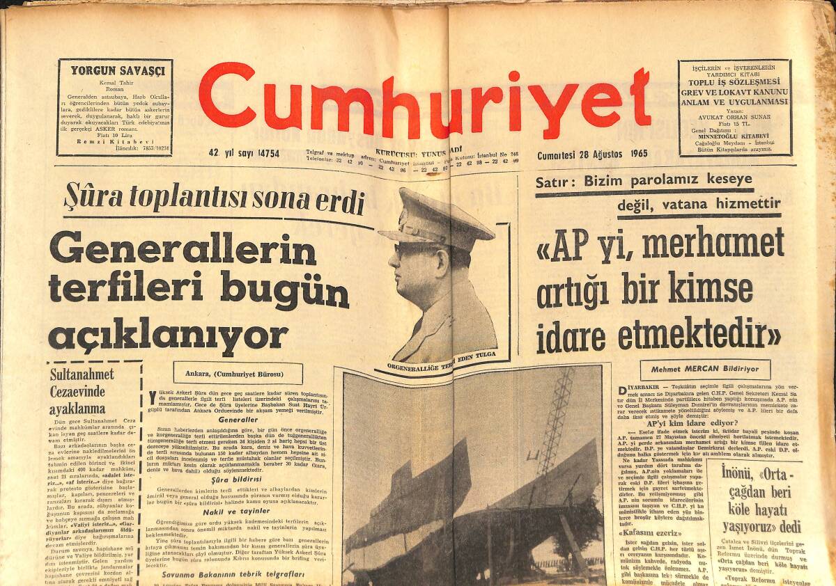 Cumhuriyet Gazetesi 28 Ağustos 1965 - İnönü 