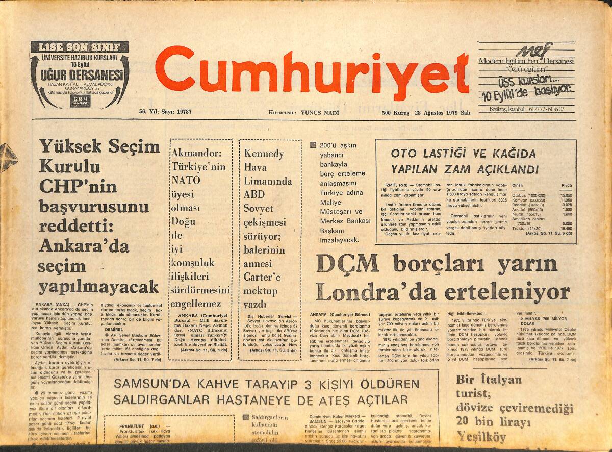 Cumhuriyet Gazetesi 28 Ağustos 1979 - DÇM Borçları Yarın Londra'da Erteleniyor - Kızıl Yıldız'ın Yenilgisi Hayal Kırıklığı Yarattı GZ143535 - 1