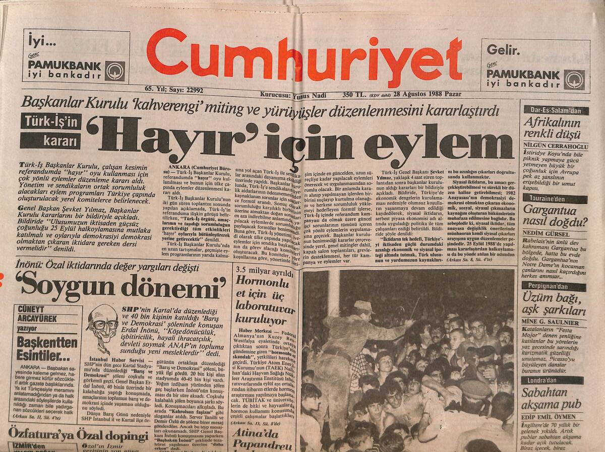 Cumhuriyet Gazetesi 28 Ağustos 1988 - Eski İstanbul'un Yaşayan Tadı - Arabeskin Şiddeti GZ151967 - 1