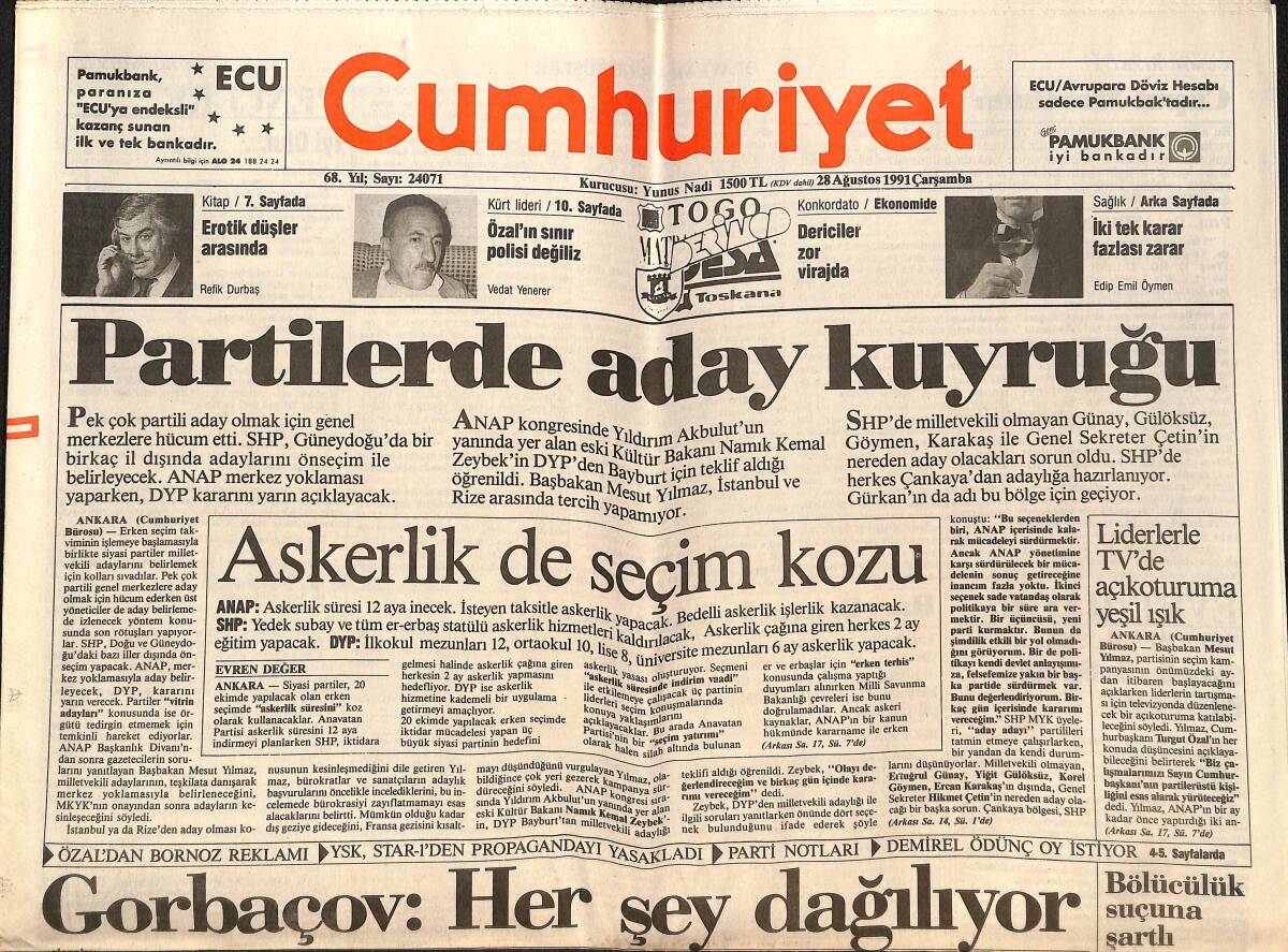 Cumhuriyet Gazetesi 28 Ağustos 1991 - Askerlik de Seçim Kozu - Akdeniz Kıyılarında Dağ Taş Beton GZ151959 - 1