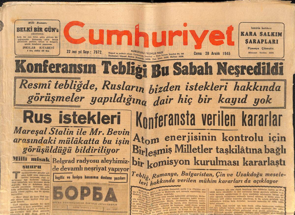 Cumhuriyet Gazetesi 28 Aralık 1945 - Atatürk'ün Ankara'ya Geldiği Gün - Mısırın Gayesi - Ankara-New York Hava Seferleri GZ146567 - 1