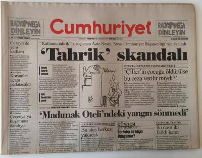 Cumhuriyet Gazetesi 28 Aralık 1994 - Madımak Otelindeki Yangın Sönmedi , Tahrikle Suçlanan Aziz Nesin Aklandı GZ13815 - 2