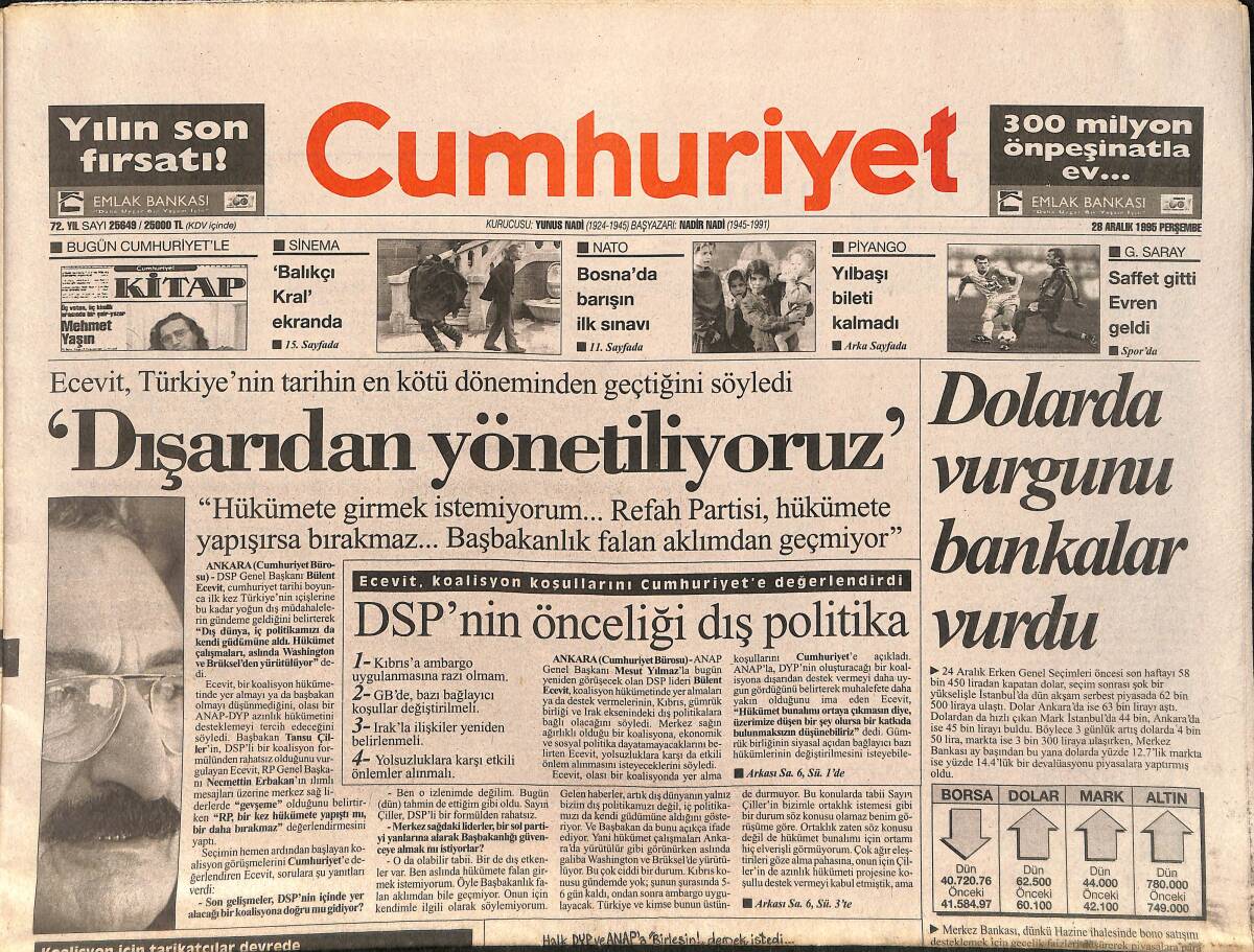 Cumhuriyet Gazetesi 28 Aralık 1995 - CHP'nin Umudu Muhalefette - Sinemanın Yüzüncü Doğum Günü GZ3207 - 1