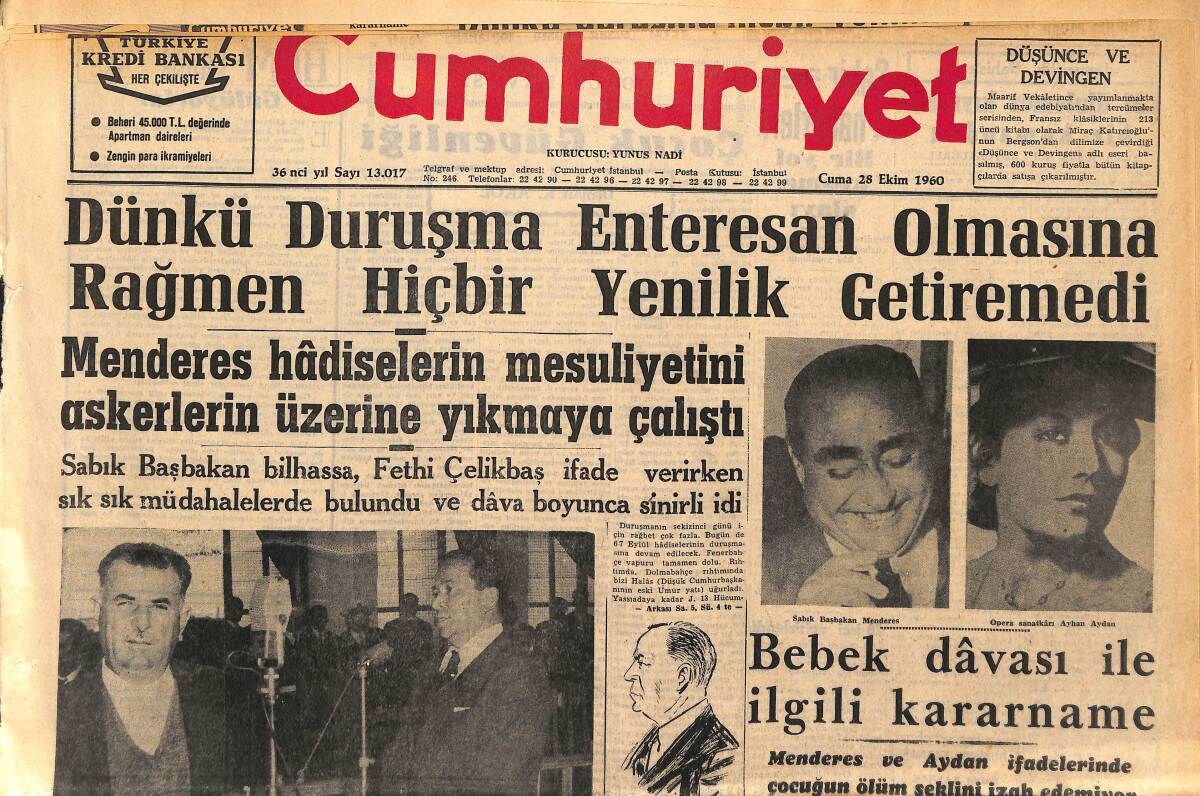 Cumhuriyet Gazetesi 28 Ekim 1960 - Menderes Hadiselerin Mesuliyetini Askerlerin Üzerine Yıkmaya Başladı - Yeni Maksim Salonlarında Zeki Müren GZ152563 - 1