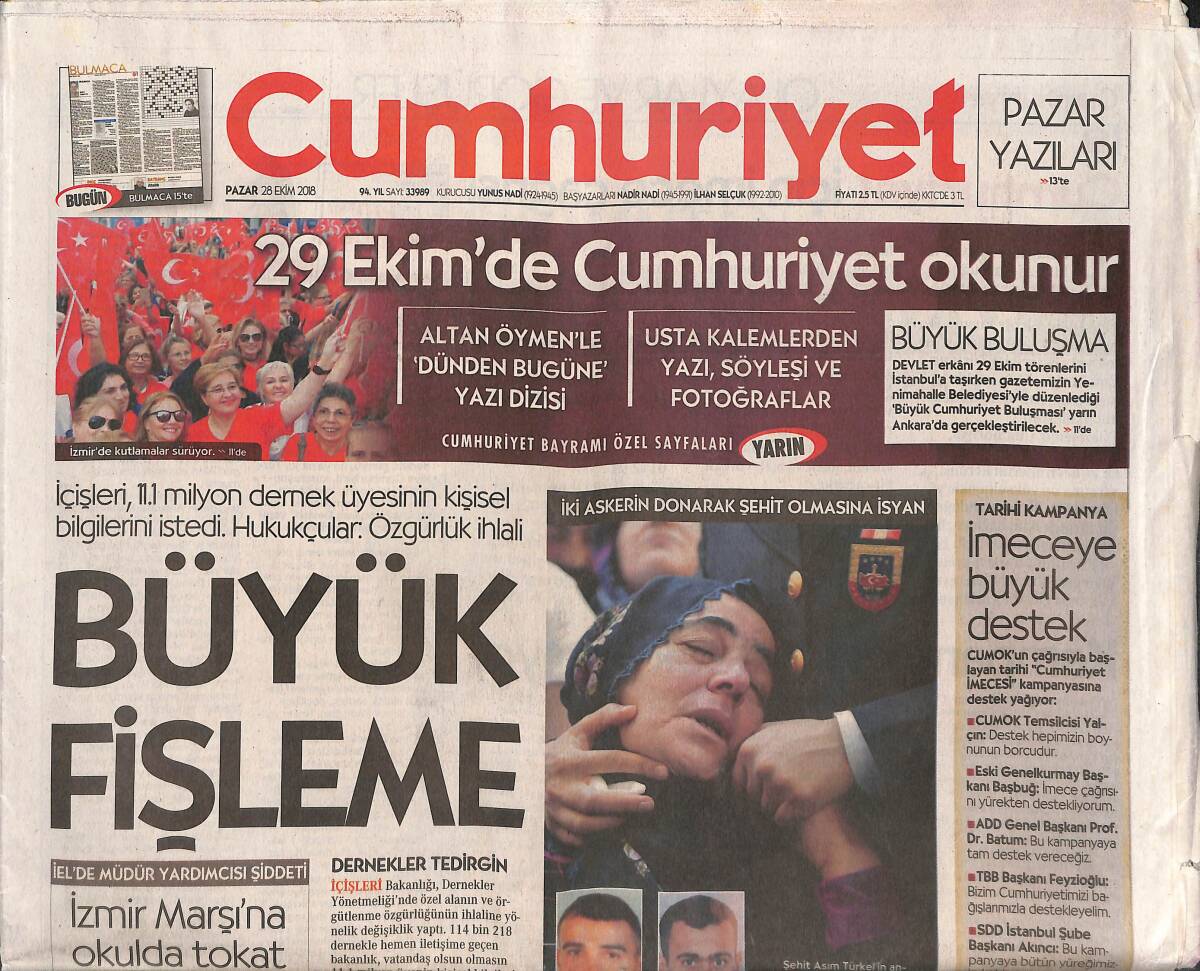 Cumhuriyet Gazetesi 28 Ekim 2018 - Büyük Fişleme - İstanbul'dan 4'lü Çağrı - ABD'DE Sinagoga Saldırı GZ135370 - 1