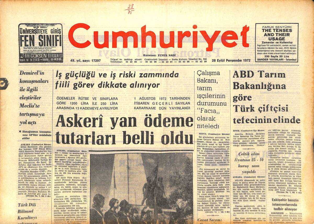 Cumhuriyet Gazetesi 28 Eylül 1972 - ABD Tarım Bakanlığına Göre Türk Çiftisi Tefecinin Elinde - Kamacının Rakibi Zami İstanbul'da GZ143589 - 1