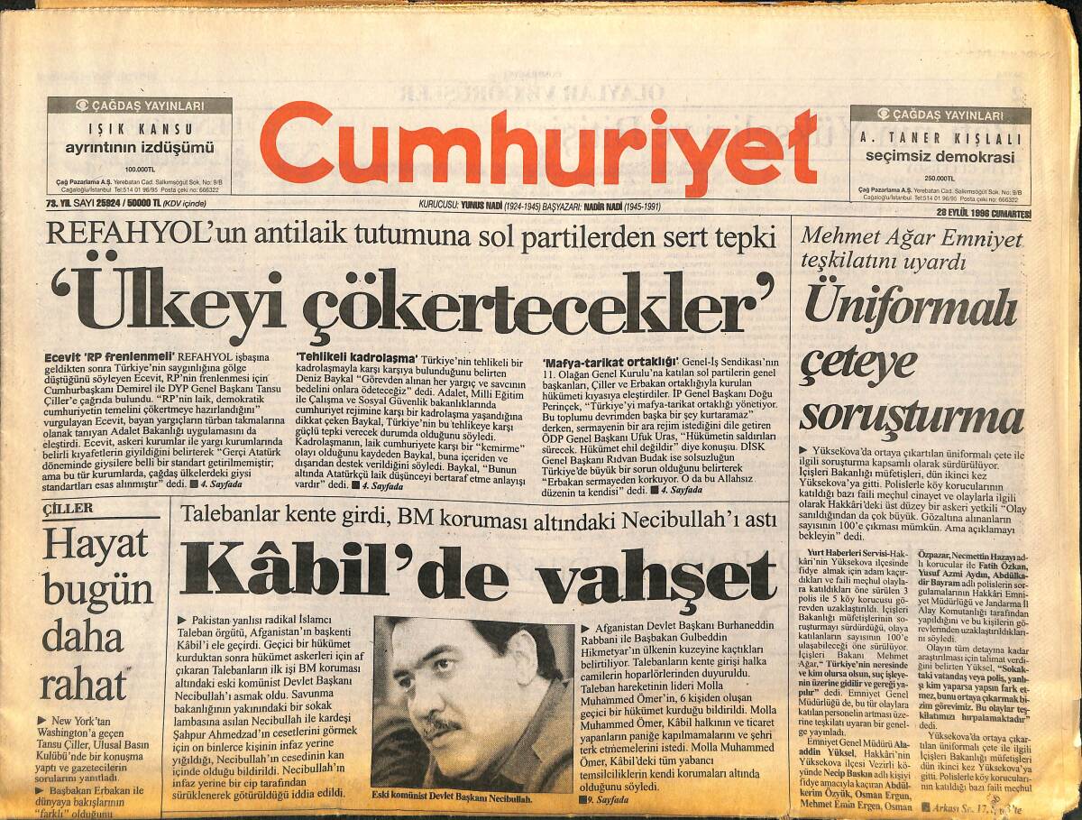 Cumhuriyet Gazetesi 28 Eylül 1996 - Zeki Müren Alkışlarla - Kabil'de Vahşet GZ147839 - 1