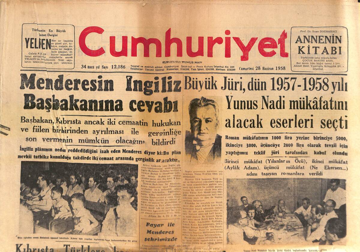 Cumhuriyet Gazetesi 28 Haziran 1958 - Adnan Menderes'in İngiliz Başbakanı'na Cevabı! - İzmir'deki Nato Karargahında Değişiklikler! GZ139223 - 1