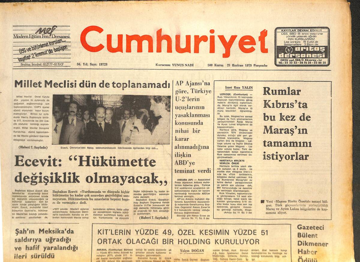 Cumhuriyet Gazetesi 28 Haziran 1979 - Bülent Ecevit: Hükümette Değişiklik Olmayacak! - CHP Manisa Kadın Kolu Üyesi Öldürüldü GZ143526 - 1