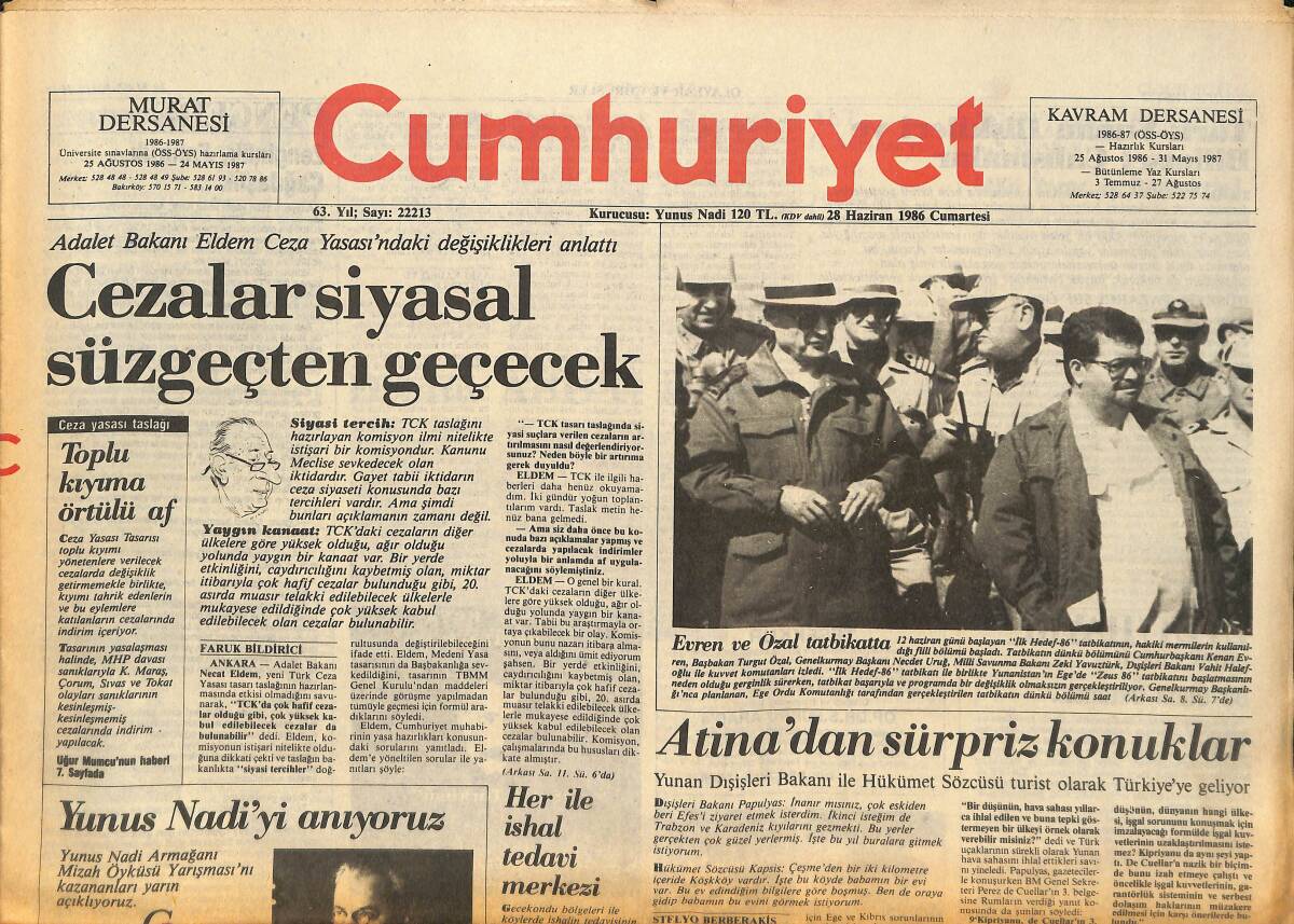 Cumhuriyet Gazetesi 28 Haziran 1986 - Atina'da Sürpriz Konuklar - Papandreu Eli Boş Döndü - Süleyman Seba : Beşiktaş'ı Cepten Yönetiyoruz GZ133882 - 1