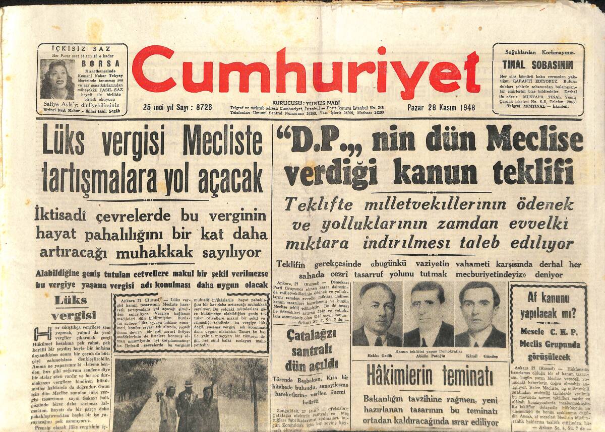 Cumhuriyet Gazetesi 28 Kasım 1948 - Lüks Vergisi Mecliste Tartışmalara Yol Açtı - Türk-Yunan Milli Futbol Maçı Bugün GZ141362 - 1