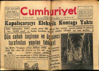 Cumhuriyet Gazetesi 28 Kasım 1953 - Kapalıçarşıyı Elektrik Kontağı Yaktı GZ78094 - 1