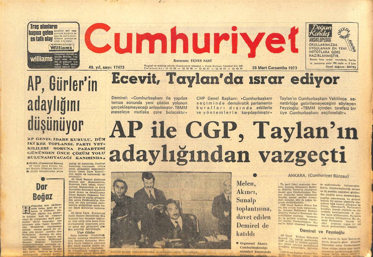 Cumhuriyet Gazetesi 28 Mart 1973 - AP İle CGP, Taylan'ın Adaylığından Vazgeçti - AP Gürler'in Adaylığını Düşünüyor! GZ142605 - 1