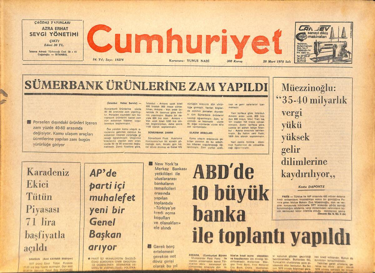 Cumhuriyet Gazetesi 28 Mart 1978 - ABD'DE 10 Büyük Banka İle Toplantı Yapıldı - Antalya'da Bir DTCF Öğrencisi Öldürüldü! GZ143482 - 1