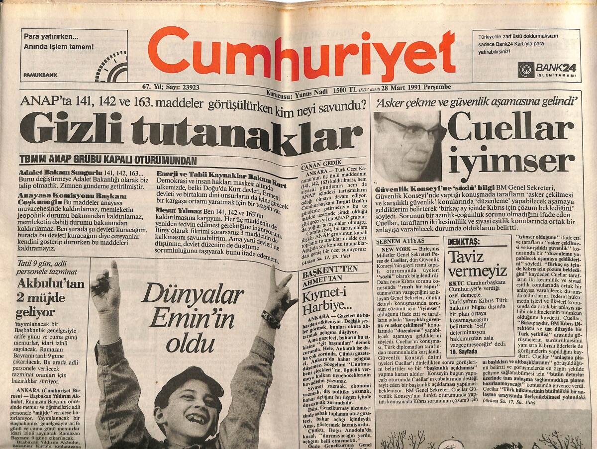 Cumhuriyet Gazetesi 28 Mart 1991 - Moskova'da Kritik Gün - Körfez Savaşı Sonrası Ekonomi GZ151890 - 1
