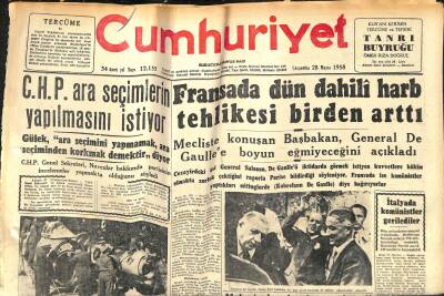 Cumhuriyet Gazetesi 28 Mayıs 1958 - Fransada Dün Dahili Harb Tehlikesi Birden Arttı - İtalyada Komünistler Gerilediler GZ120454 - 1