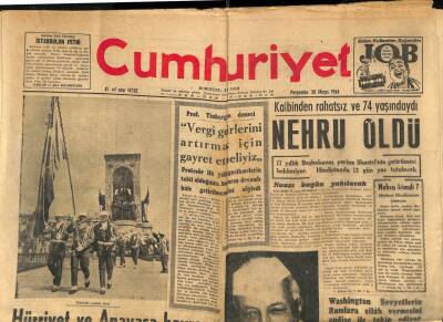 Cumhuriyet Gazetesi 28 Mayıs 1964 - Dursunbeyde APliler Törene Katılmamak İçin Yağmur Duasına Çıktılar - Nehru Öldü GZ113893 - 1