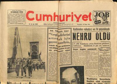 Cumhuriyet Gazetesi 28 Mayıs 1964- Hürriyet Ve Anayasa Bayramı Kutlandı, Nehru Öldü, William Shakespeare, Aşkın Tuna Rekor Kırdı GZ87987 - 1