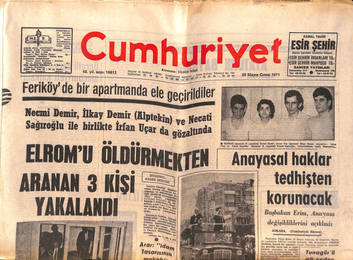 Cumhuriyet Gazetesi 28 Mayıs 1971 - Elrom'u Öldürmekten Aranan 3 Kişi Yakalandı - Ayasofya'nın Kabloları Yandı GZ149422 - 1