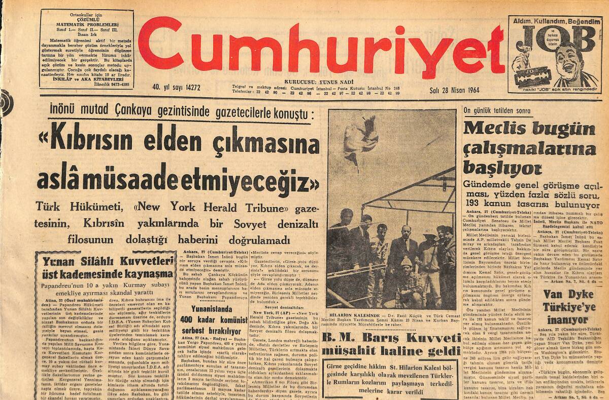 Cumhuriyet Gazetesi 28 Nisan 1964 - 1964 Modeli Arabalar - THY Yeni Dış Hatlar Açacak GZ160389 - 1