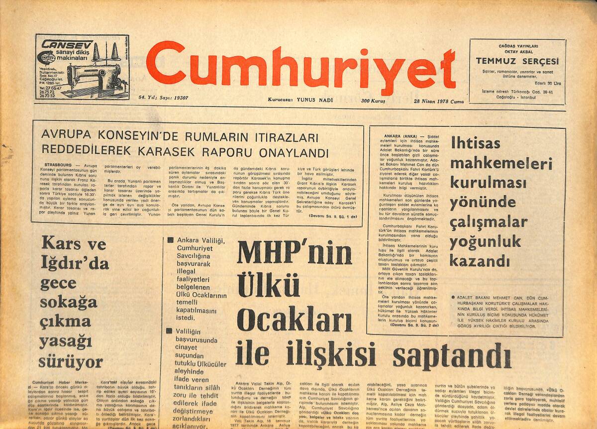 Cumhuriyet Gazetesi 28 Nisan 1978 - MHP'NİN Ülkü Ocakları İle İlişkisi Saptandı - Almanya'nın Üvey Çocukları! GZ143783 - 1