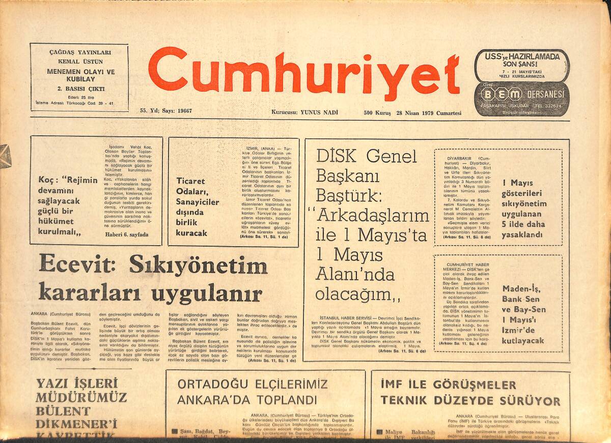 Cumhuriyet Gazetesi 28 Nisan 1979 - İzmir Belediyesi'nde Grev Bekleniyor! - IMF İle Görüşmeler Teknik Düzeyde Sürüyor GZ143487 - 1