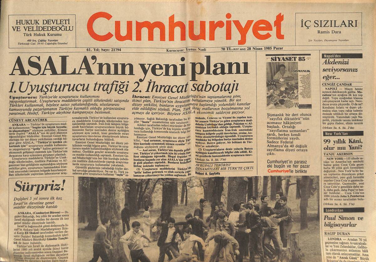 Cumhuriyet Gazetesi 28 Nisan 1985 - ASALA'nın Yeni Planı - Yaz Öncesi Dior'un Kış Kokteyli GZ134477 - 1