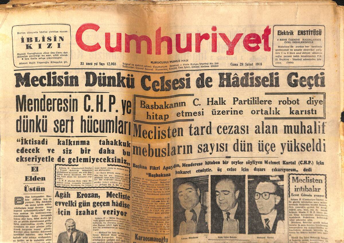 Cumhuriyet Gazetesi 28 Şubat 1958 - Meclisin Dünkü Celsesi de Hadiseli Geçti - Menderes'in CHP'ye Dünkü Sert Hücumları - Galatasaray İzmir'e Gitti GZ139108 - 1