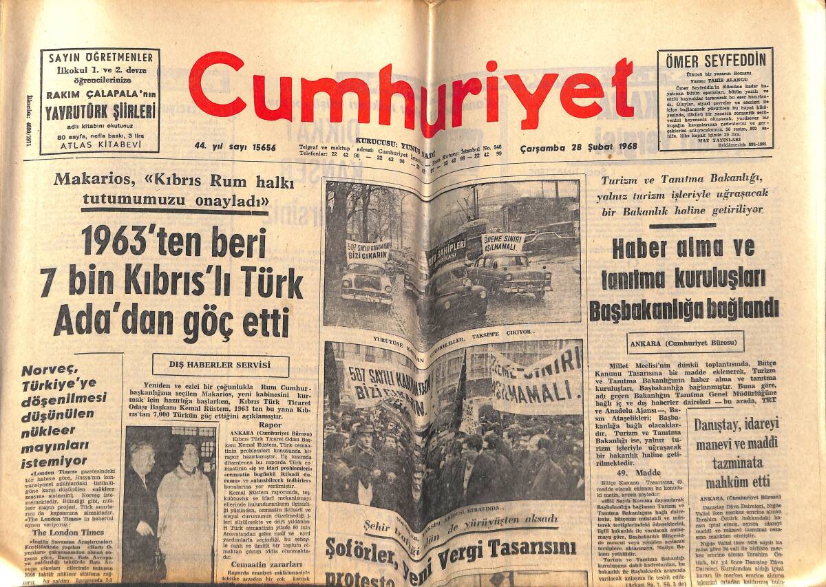 Cumhuriyet Gazetesi 28 Şubat 1968 - 1963'ten Beri 7 Bin Kıbrıs'lı Türk Ada'dan Göç Etti - Norveç, Türkiye'ye Döşenilmesi Düşünülen Mayınları İstemiyor GZ143270 - 1