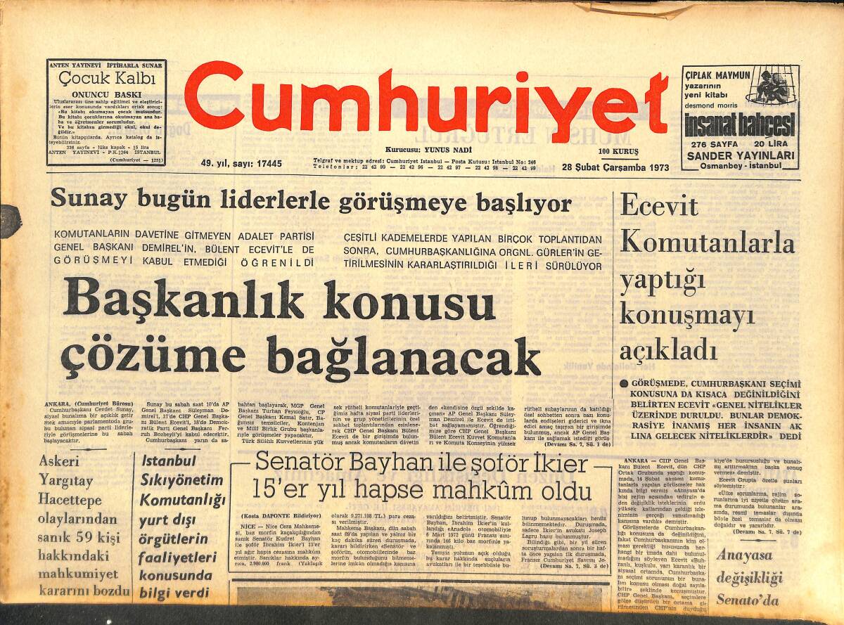 Cumhuriyet Gazetesi 28 Şubat 1973 - Başbakanlık Konusu Çözüme Bağlanacak! - Avrupa Futbol Klasmanında Yerimiz Yok! GZ142641 - 1