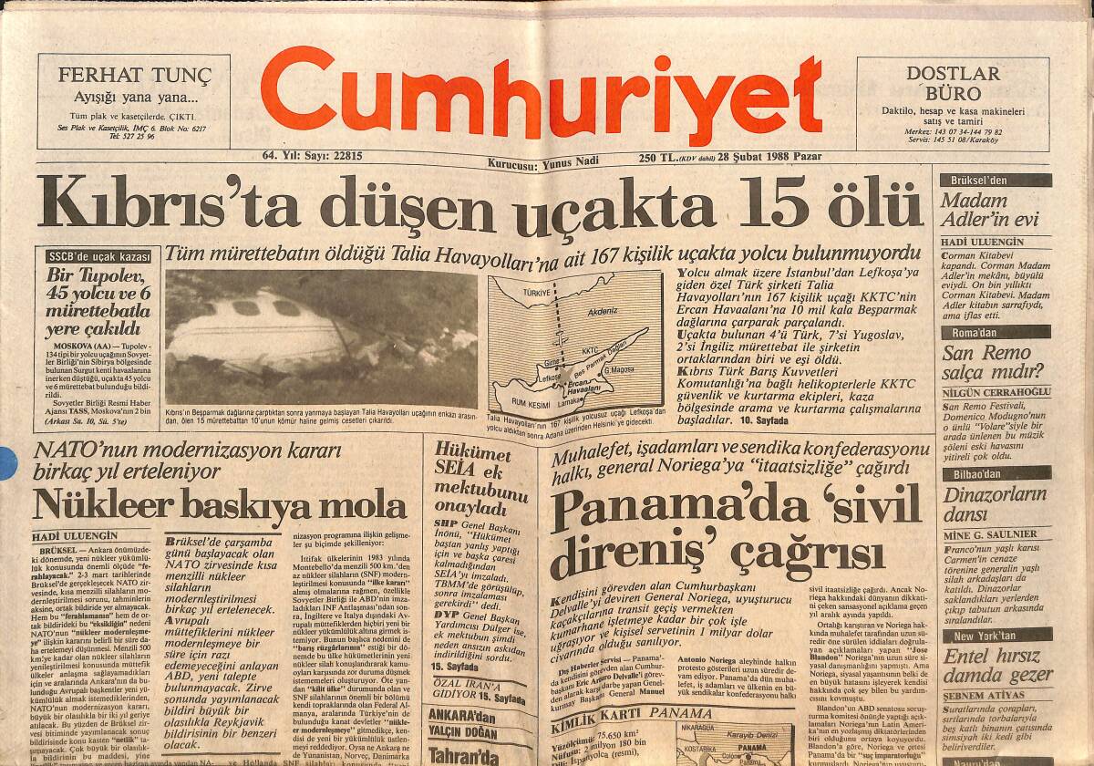 Cumhuriyet Gazetesi 28 Şubat 1988 - Kıbrıs'ta Düşen Uçakta 15 Ölü - Panama'da Sivil Direniş Çağrısı GZ151918 - 1