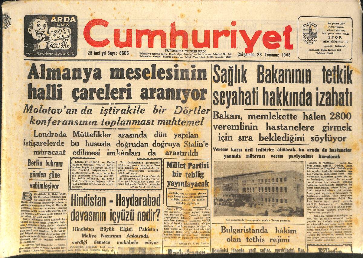 Cumhuriyet Gazetesi 28 Temmuz 1948 - Almanya Meselesinin Halli Çareleri Aranıyor - İnönü'ye Hakaret Suçundan Yargılanan Gazeteciler! GZ146529 - 1