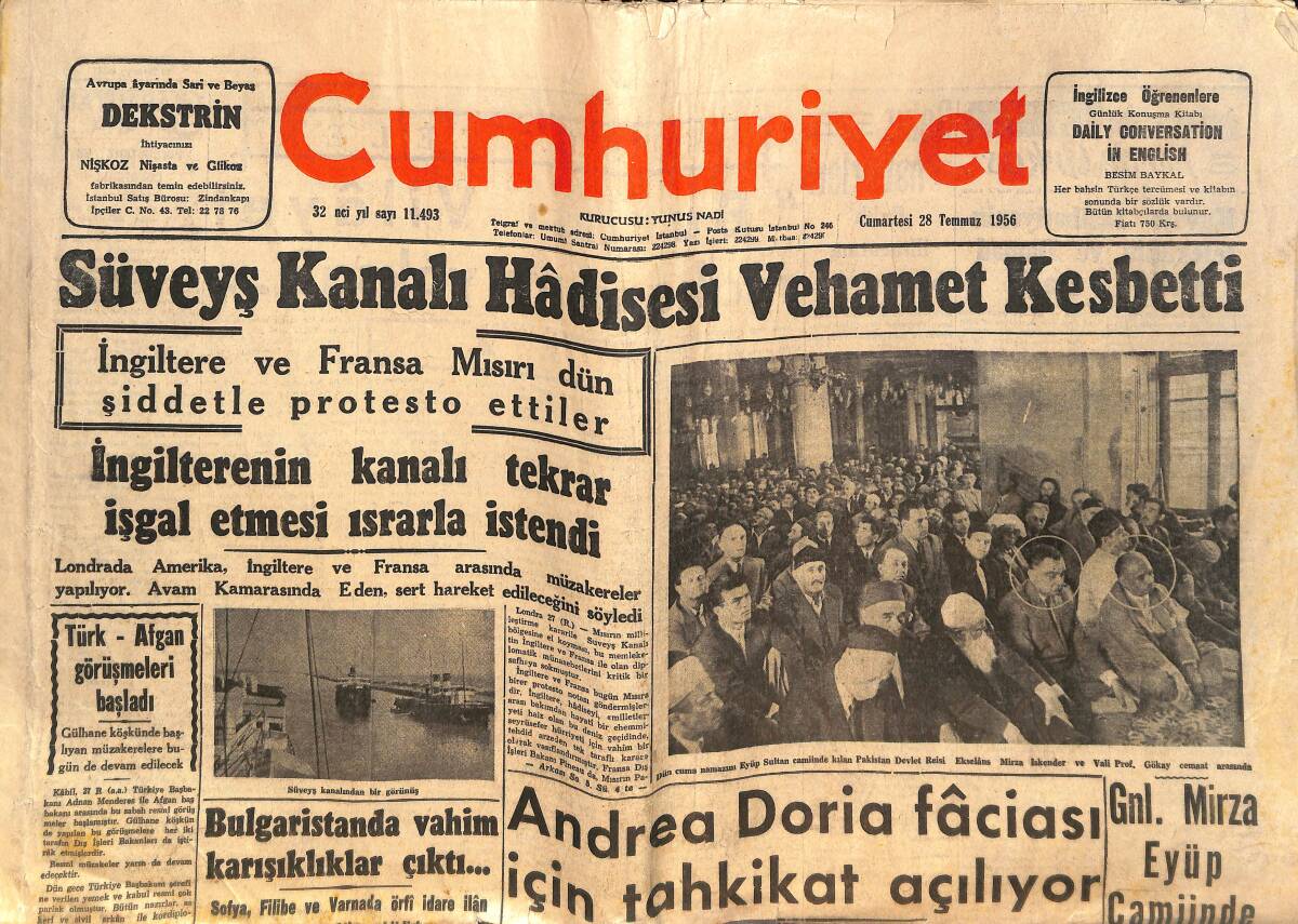 Cumhuriyet Gazetesi 28 Temmuz 1956 - Andrea Doria Faciası İçin Tahkikat Açılıyor! - Kasım Gülek Bugün Sohbet Gezisine Çıkıyor! GZ146460 - 1