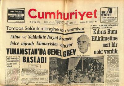 Cumhuriyet Gazetesi 28 Temmuz 1965 - Tombas Selanik Mitingine İzin Vermiyor GZ85427 - 1