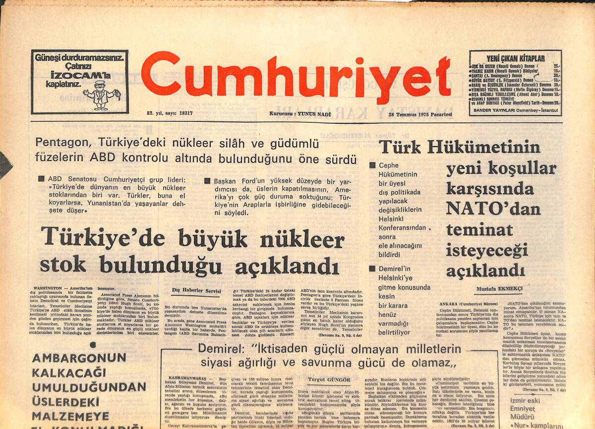 Cumhuriyet Gazetesi 28 Temmuz 1975 - Fatma Girik 12 Yıl Sonra Film! - Türkiye'de Büyük Nükleer Stok Bulunduğu Açıklandı GZ143801 - 1