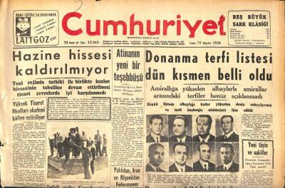 Cumhuriyet Gazetesi 29 Ağustos 1958 - Hazine Hissesi Kaldırılmıyor - Donanma Terfi Listesi Dün Kısmen Belli Oldu GZ120283 - 1