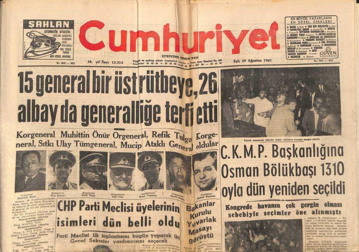 Cumhuriyet Gazetesi 29 Ağustos 1961 - Gangsterle İlgili Olarak Yapılan İhbarlar Polisi Şaşırtıyor - Bakanlar Kurulu Yuvarlak Masayı Görüştü GZ139979 - 1