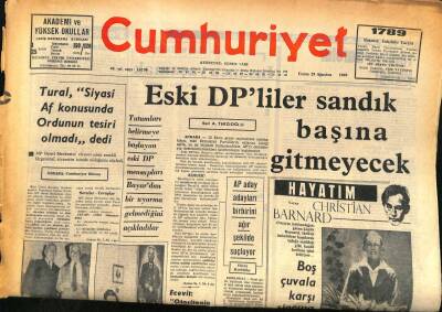 Cumhuriyet Gazetesi 29 Ağustos 1969 - Eski DPliler Sandık Başına Gitmeyecek GZ86544 - 1