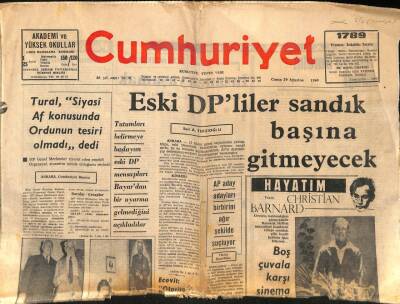 Cumhuriyet Gazetesi 29 Ağustos 1969 - Eski DPliler Sandık Başına Gitmeyecek GZ90853 - 1