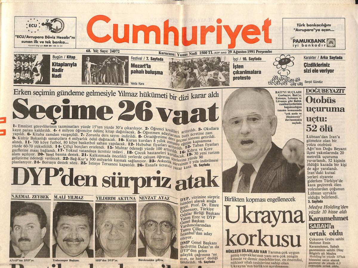Cumhuriyet Gazetesi 29 Ağustos 1991 - DYP'den Sürpriz Atak - Mozart'la Pahalı Buluşma GZ151960 - 1