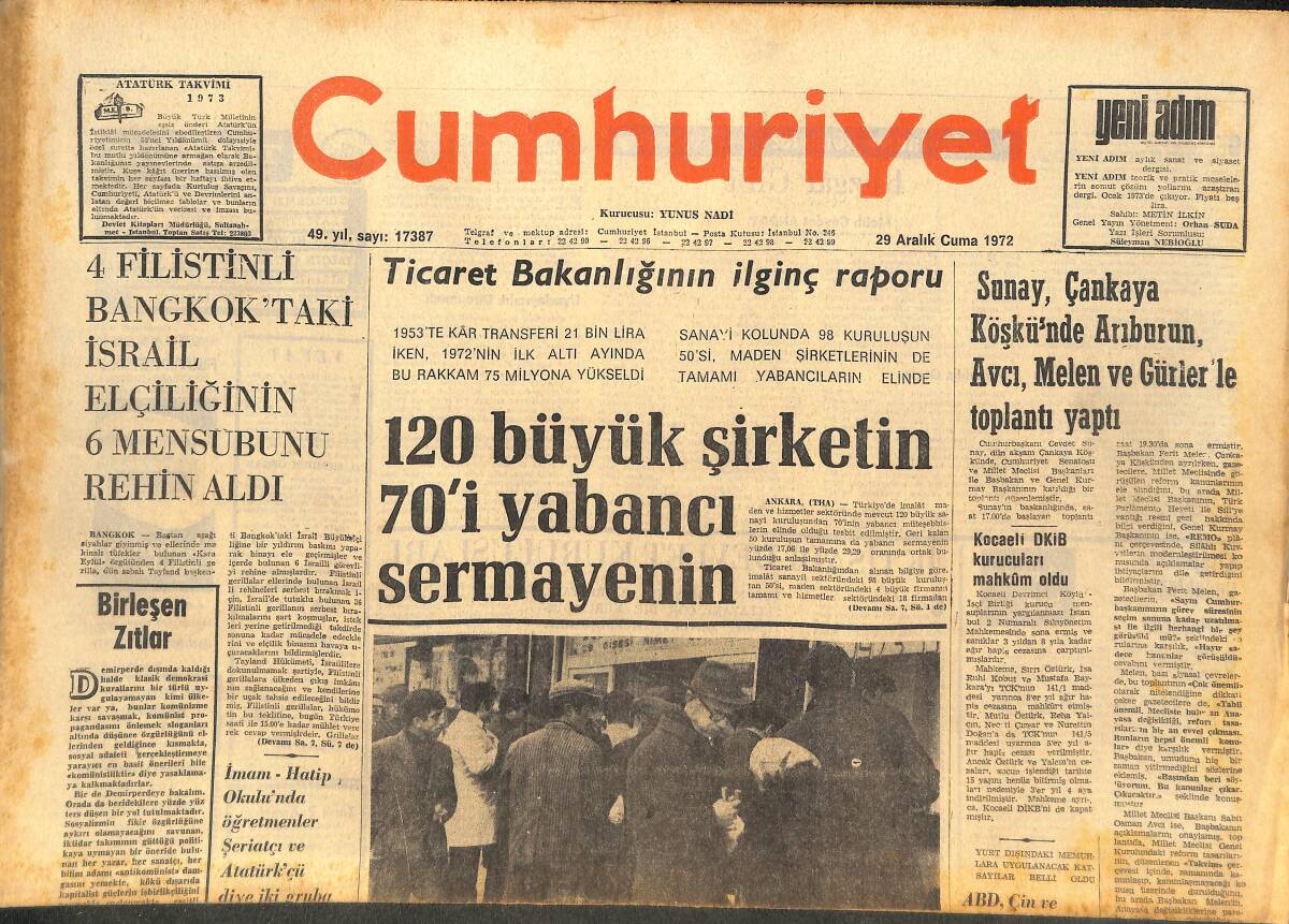 Cumhuriyet Gazetesi 29 Aralık 1972 - 120 Büyük Şirketin 70'i Yabancı Sermayenin - Milli Takıma Galatasaray'dan 8 Futbolcu Çağrılıyor GZ142850 - 1