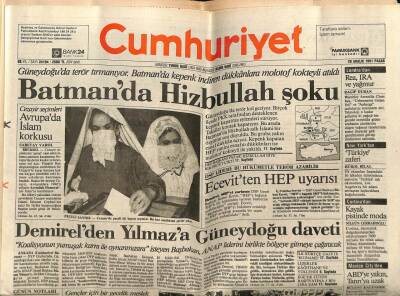 Cumhuriyet Gazetesi 29 Aralık 1991 - Batmanda Hizbullah Şoku GZ75932 - 1