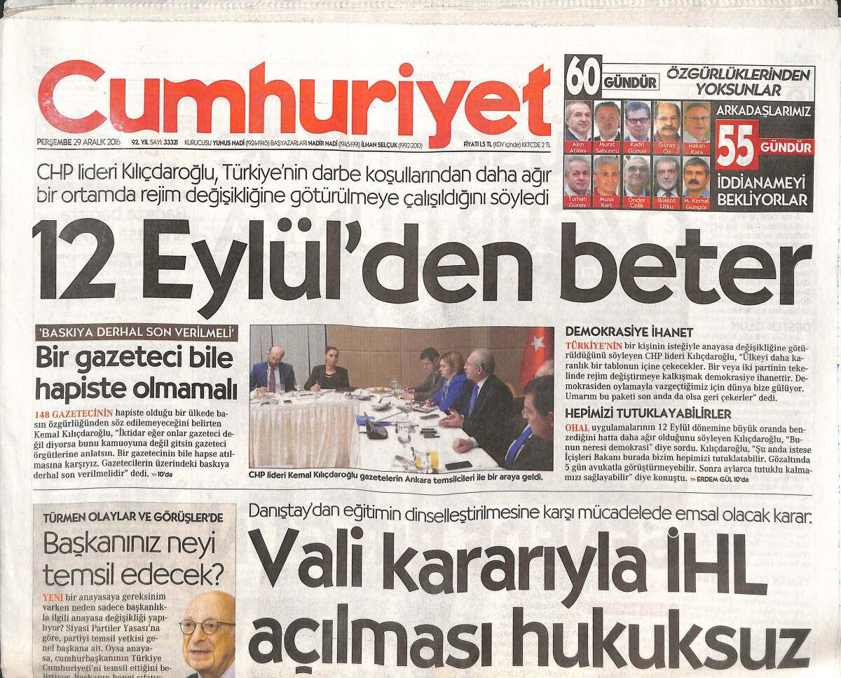 Cumhuriyet Gazetesi 29 Aralık 2016 - THY Tasarrufa İşçiden Başladı - Ronaldo Yılın Sporcusu Oldu GZ135471 - 1