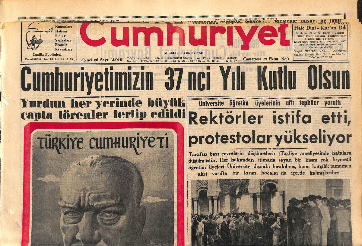 Cumhuriyet Gazetesi 29 Ekim 1960 - Cumhuriyetin 37. Yılı - Cumhuriyeti İlan Eden İlk Meclisin Toplandığı Salon GZ152564 - 1